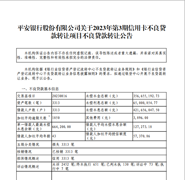 平安银行首次推出近20亿信用卡不良资产转让大包